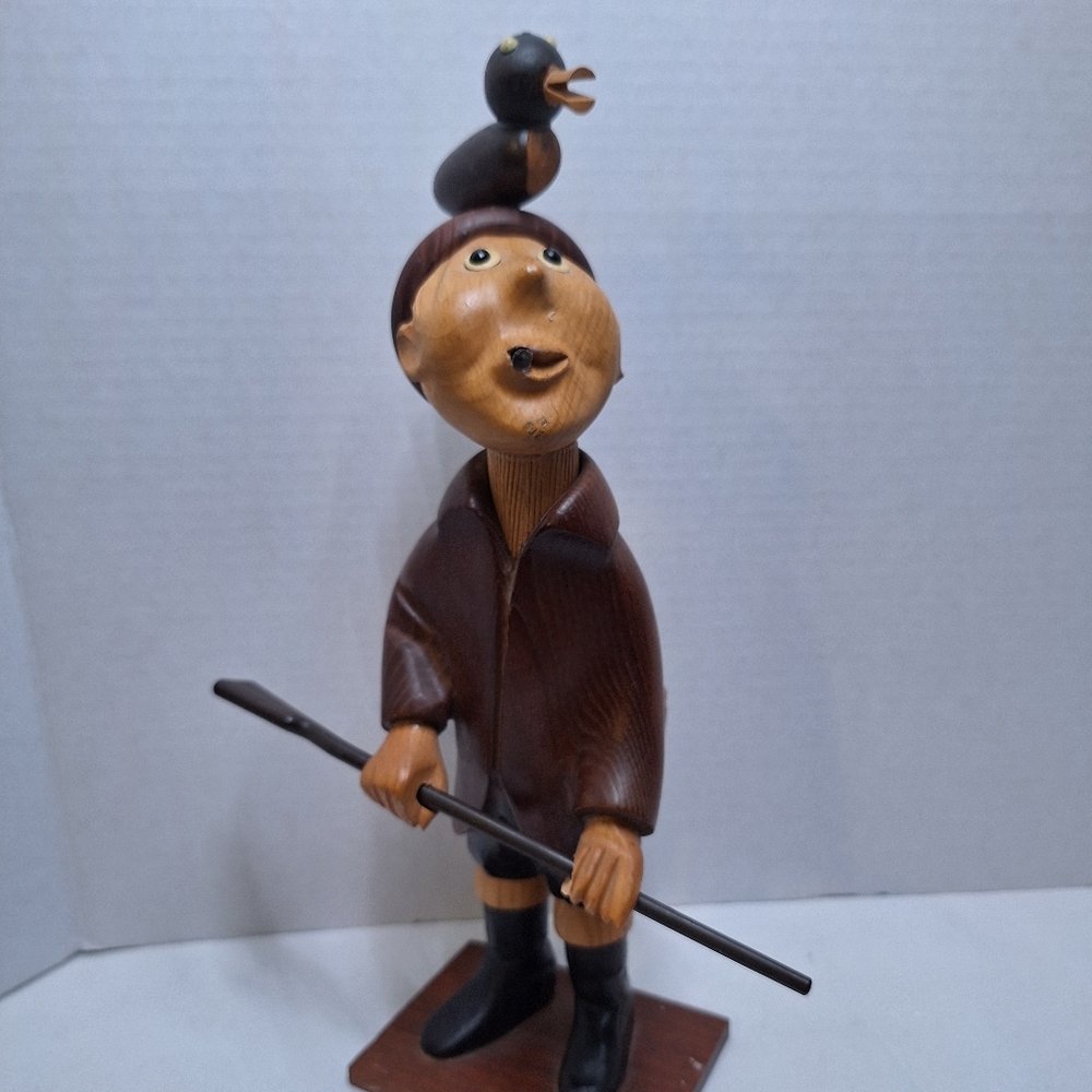 Vintage Romer Italy Hand Carved Wood Duck Hunter With Gun & Happy Duck 13"